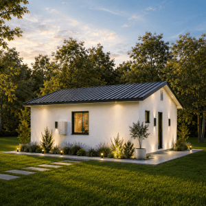 Side and rear view of LILI garage conversion ADU showing white stucco walls, dark metal roof, modern windows, exterior lighting, and landscaping