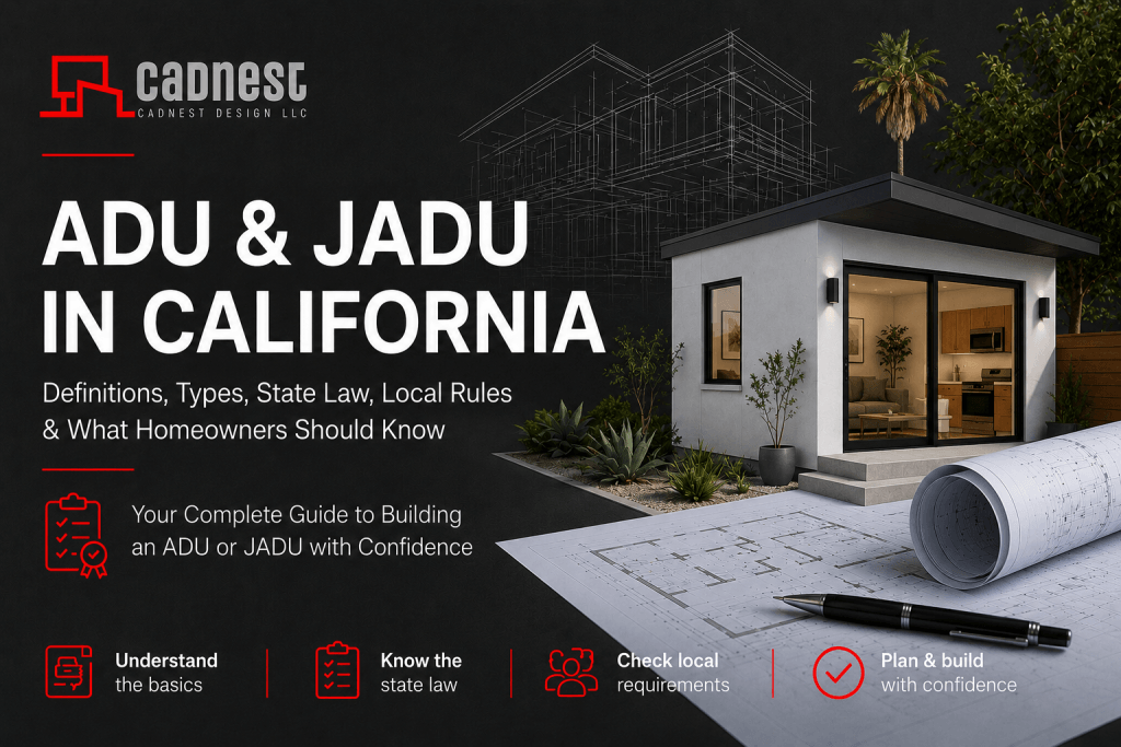 CADnest Design featured graphic showing a modern detached ADU, architectural blueprints, and a wireframe building design with the headline “ADU & JADU in California” and information about definitions, types, state law, local rules, and homeowner planning.