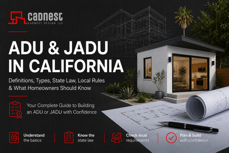 CADnest Design featured graphic showing a modern detached ADU, architectural blueprints, and a wireframe building design with the headline “ADU & JADU in California” and information about definitions, types, state law, local rules, and homeowner planning.