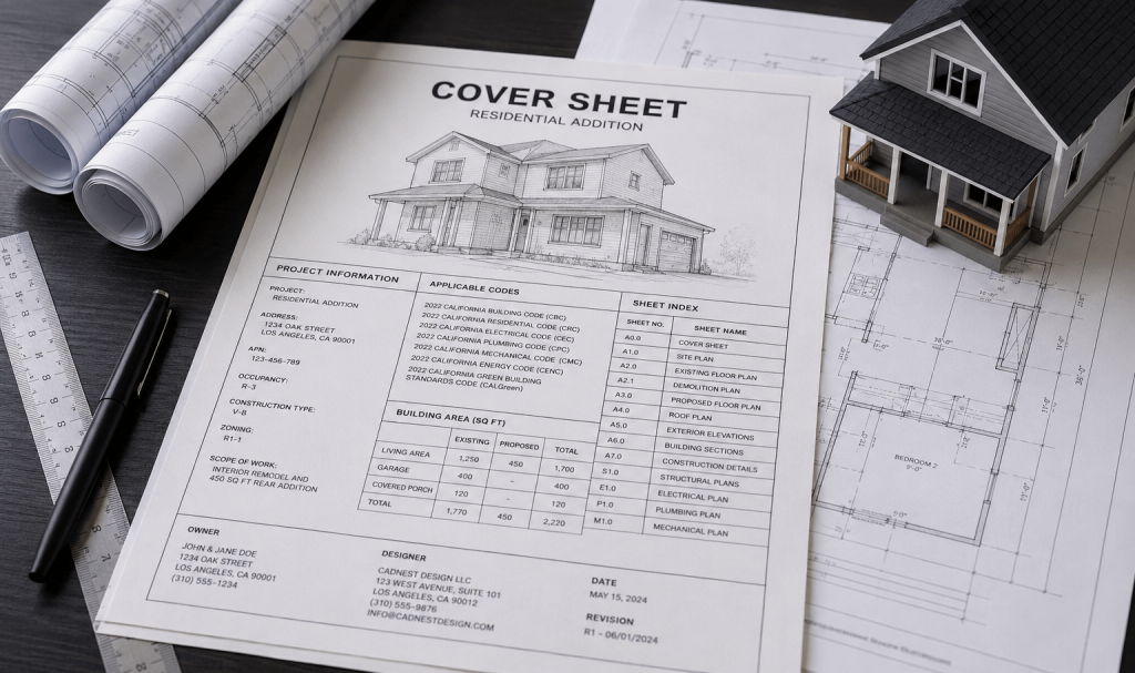 Architectural permit plan cover sheet for a residential addition showing project information, applicable codes, building areas, sheet index, and designer details alongside house drawings and blueprints.