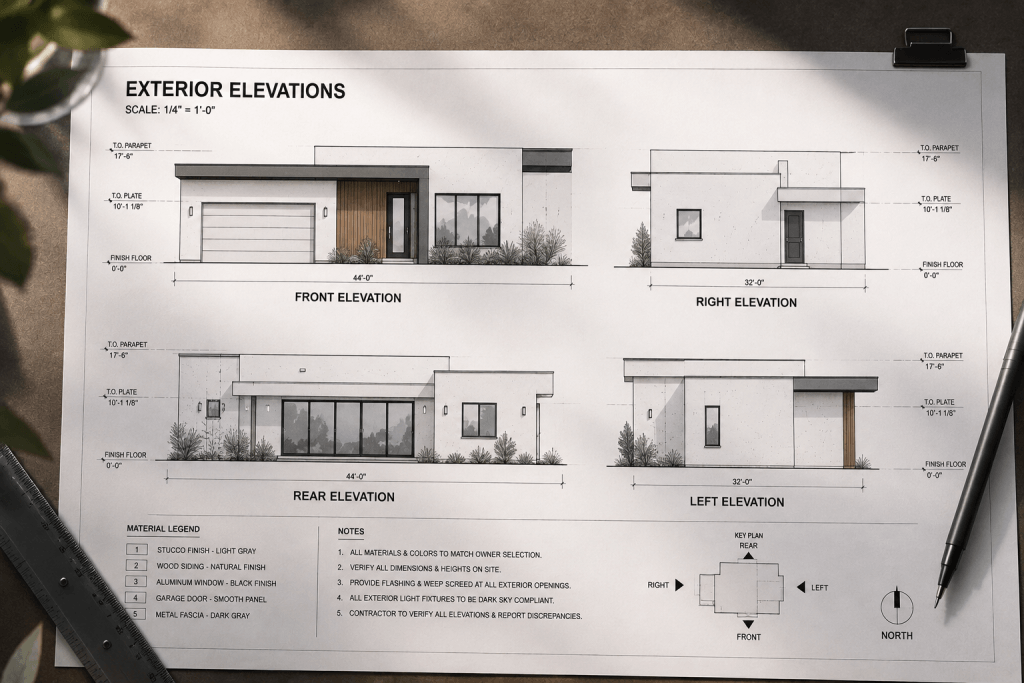 Architectural exterior elevation sheet showing front, right, rear, and left views of a modern house with building heights, exterior materials, dimensions, construction notes, and a key plan.