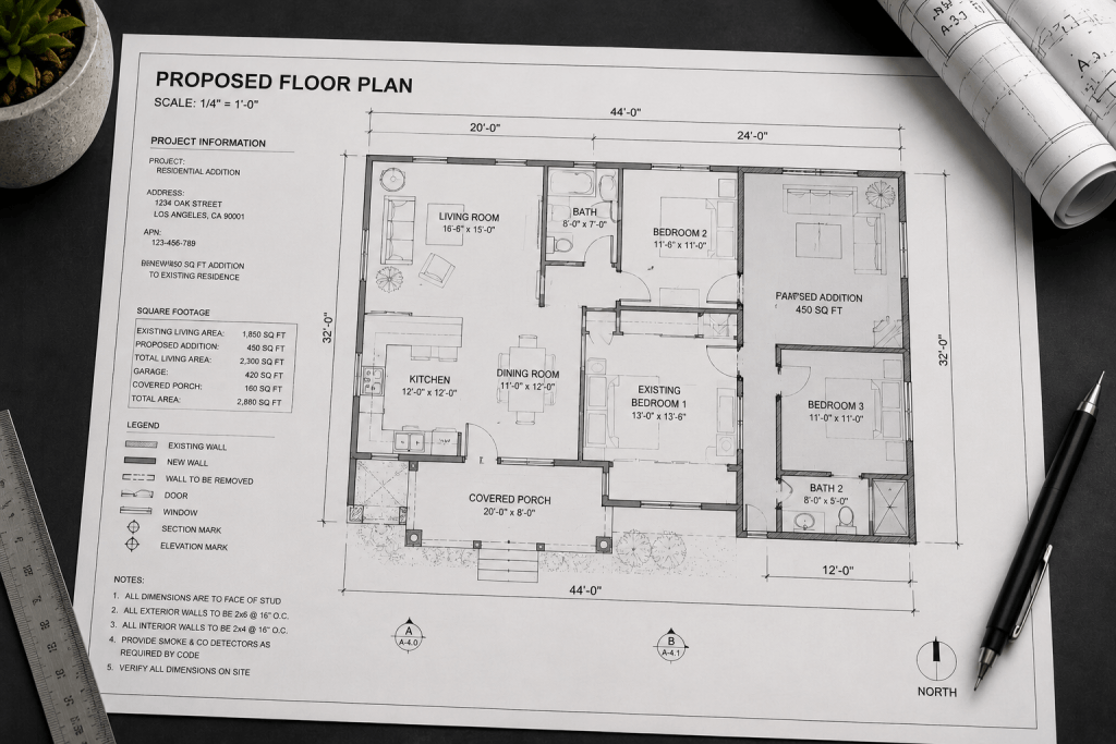 Detailed proposed residential floor plan showing rooms, dimensions, doors, windows, kitchen, bathrooms, bedrooms, existing and new walls, notes, and square-footage information.