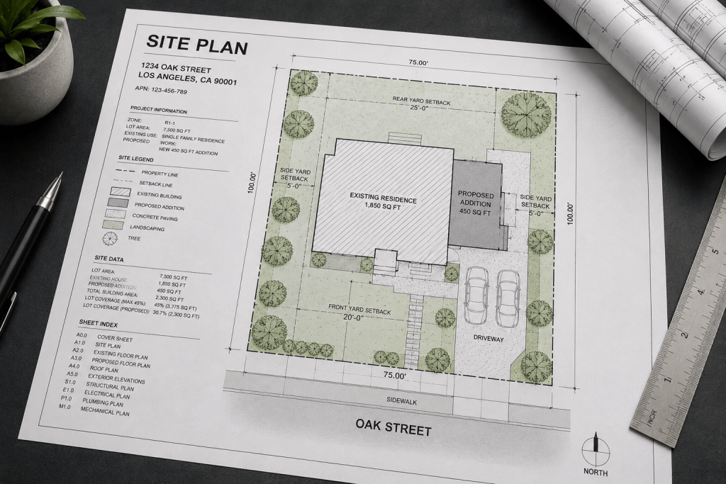 Residential site plan showing property boundaries, existing house, proposed addition, setbacks, driveway, landscaping, dimensions, and north arrow.