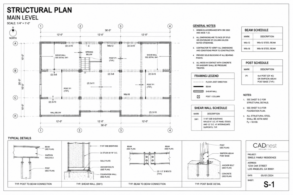 Structural plan showing floor framing, beams, posts, shear walls, dimensions, structural schedules, general notes, and typical connection details for a residential building.
