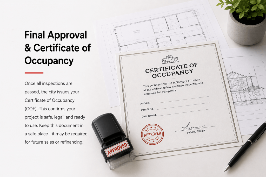 Certificate of Occupancy marked approved on architectural blueprints with a permit stamp and drafting pen illustrating final project approval.