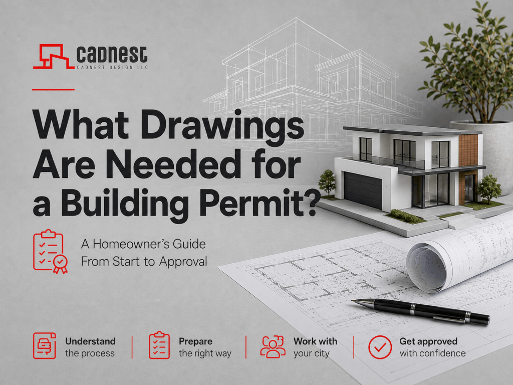 CADnest Design building permit guide featuring architectural blueprints, a modern house model, drafting tools, and an approved permit plan on a dark background.