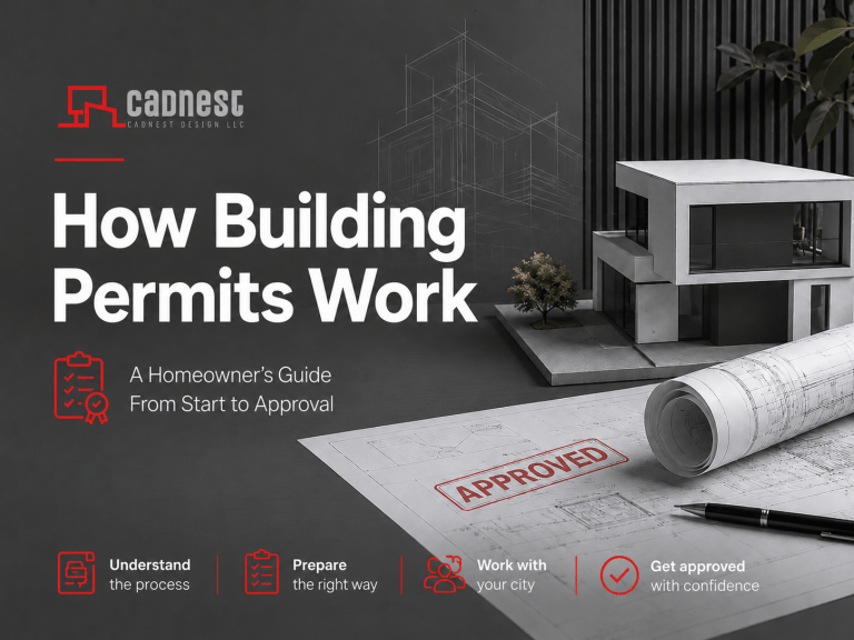 Modern home model with architectural blueprints and an approved building permit, illustrating the building permit process for homeowners.