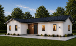 House exterior with gable roof and brick accent entry, 1,200 sf