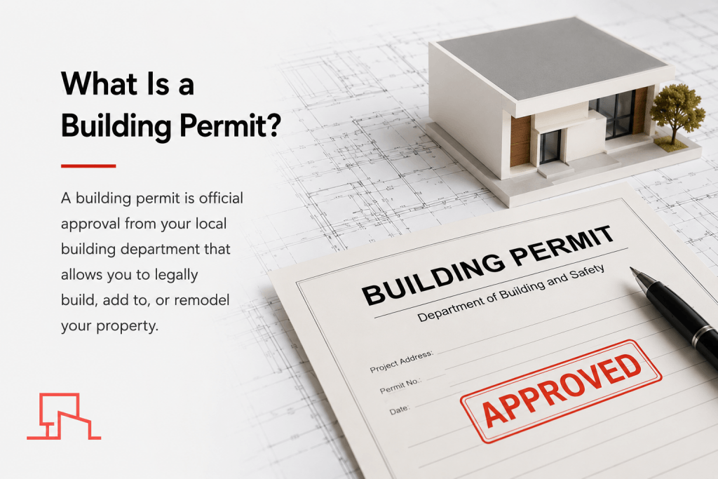 Architectural blueprints, a building permit marked approved, and a modern house model illustrating the California residential building permit process.