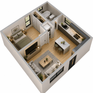 Isometric interior view of LILI ADU showing one bedroom, open living room, modern kitchen with island, bathroom, closet, and laundry area