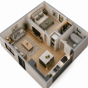 Isometric view of LILI 1-bedroom ADU interior featuring open living space, modern kitchen, dining island, bedroom, bathroom, and laundry area