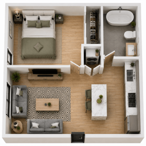 Top-down interior view of LILI garage conversion ADU showing bedroom, living room, kitchen island, bathroom, laundry cabinet, and efficient floor plan