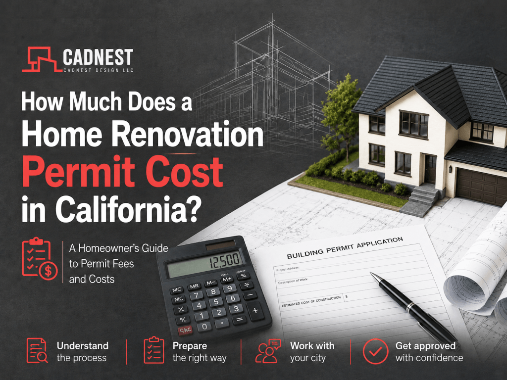 CADnest Design graphic explaining home renovation permit costs in California, featuring a house model, building permit application, architectural blueprints, calculator, and permit cost guide.