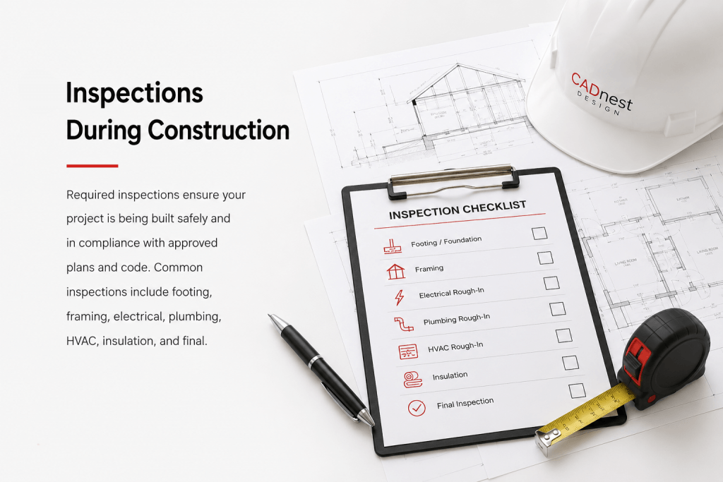 Building inspection checklist with architectural plans, construction inspection items, a hard hat, and measuring tape illustrating inspections during residential construction.