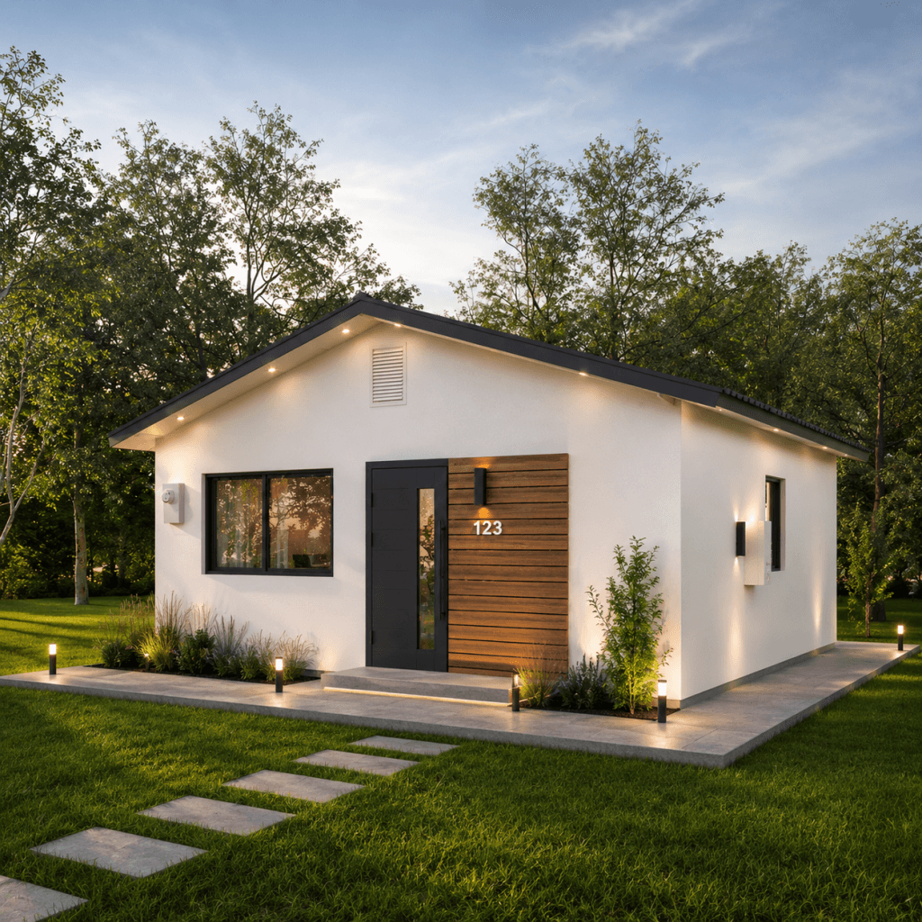 LILI 1-bedroom 1-bath garage conversion ADU with modern white stucco exterior, wood accent wall, dark roof, and landscaped entry