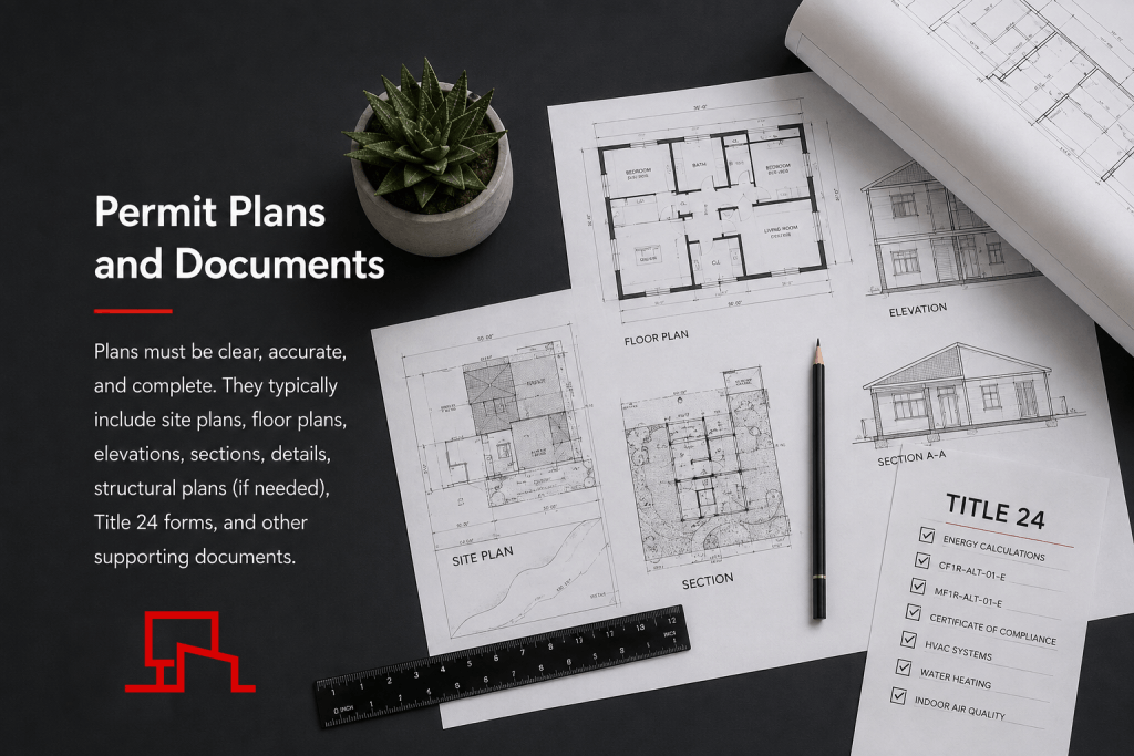 Architectural floor plans, elevations, sections, site plan, and Title 24 documents arranged as a residential building permit plan package.