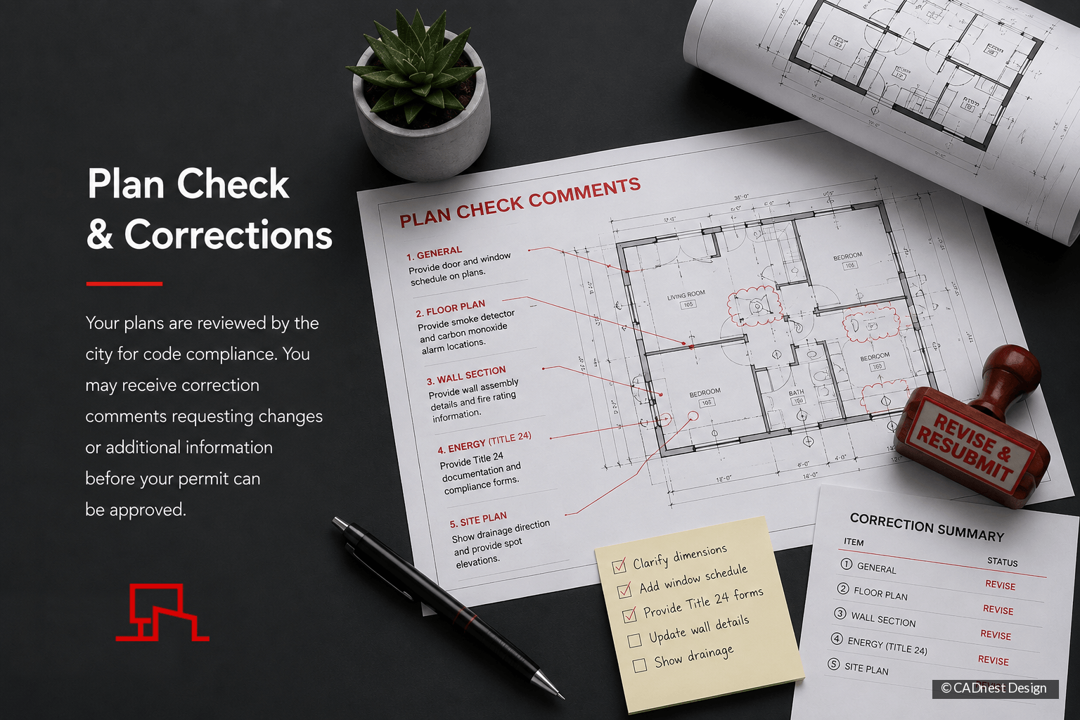 Architectural floor plan with city plan check comments, correction markups, and a revise-and-resubmit stamp illustrating the permit review process.