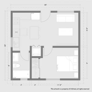 400 sq ft garage conversion ADU floor plan with one bedroom, one bathroom, open kitchen and living area, laundry, and efficient 20-foot-wide layout