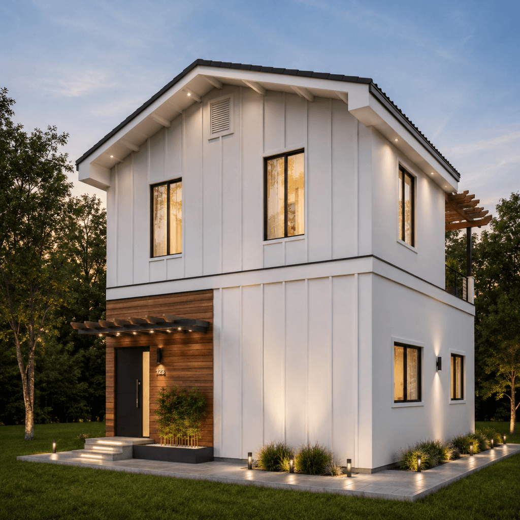 Hayan two-story residence, side exterior view — 3 bed, 2 bath compact home design